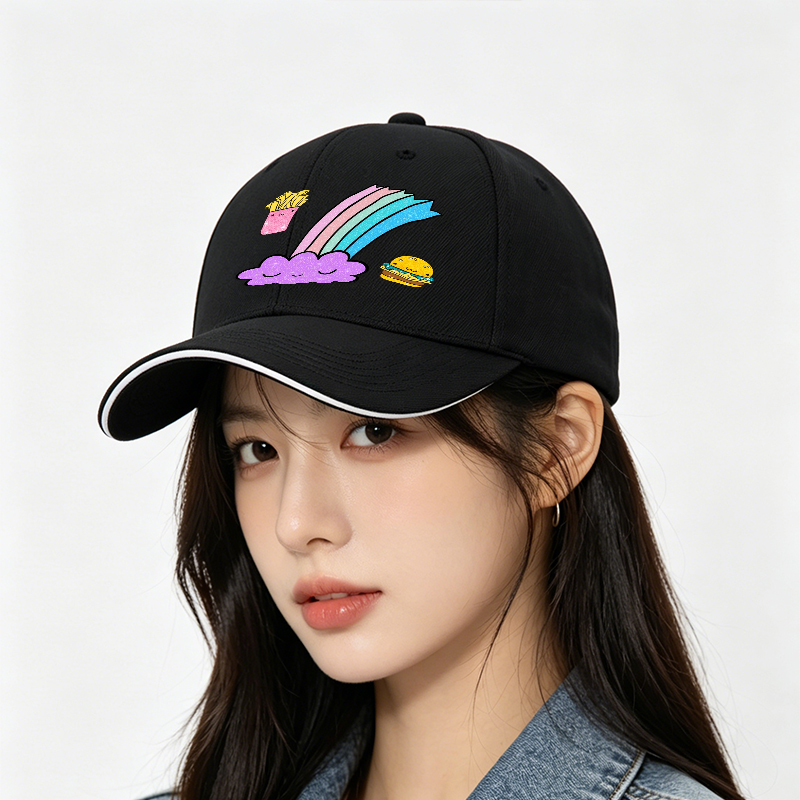 Unisex Classic Sandwich Hat with Kawaii Rainbow Cloud, Happy Burger & Fries Print – Perfect for Casual Outings, Festivals, and Daily Wear – Ideal for Teens and Young Adults Loving Fun Food-Themed Fashion