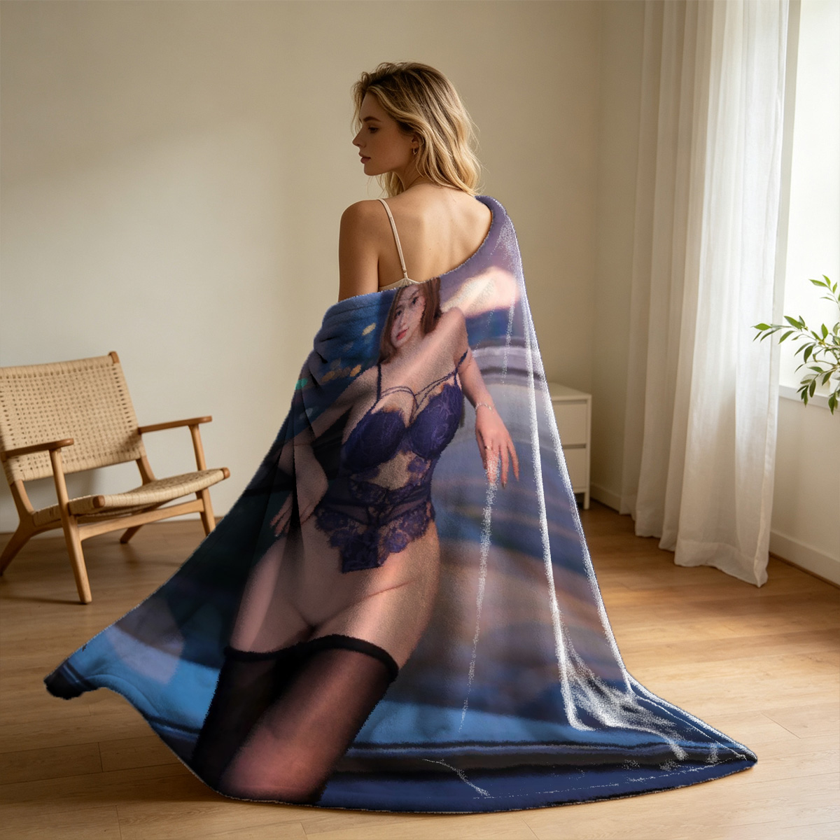 A woman in black lingerie and stockings poses seductively in a bedroom. - Blanket