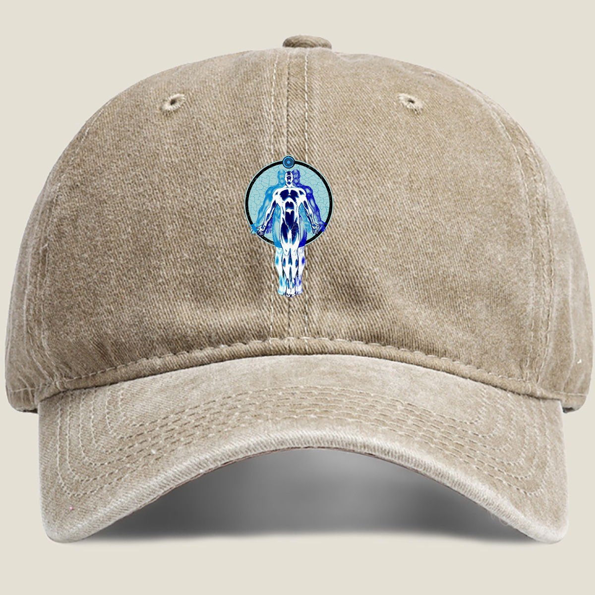Blue Human Figure in Circular Frame - Washed Denim - Baseball Cap