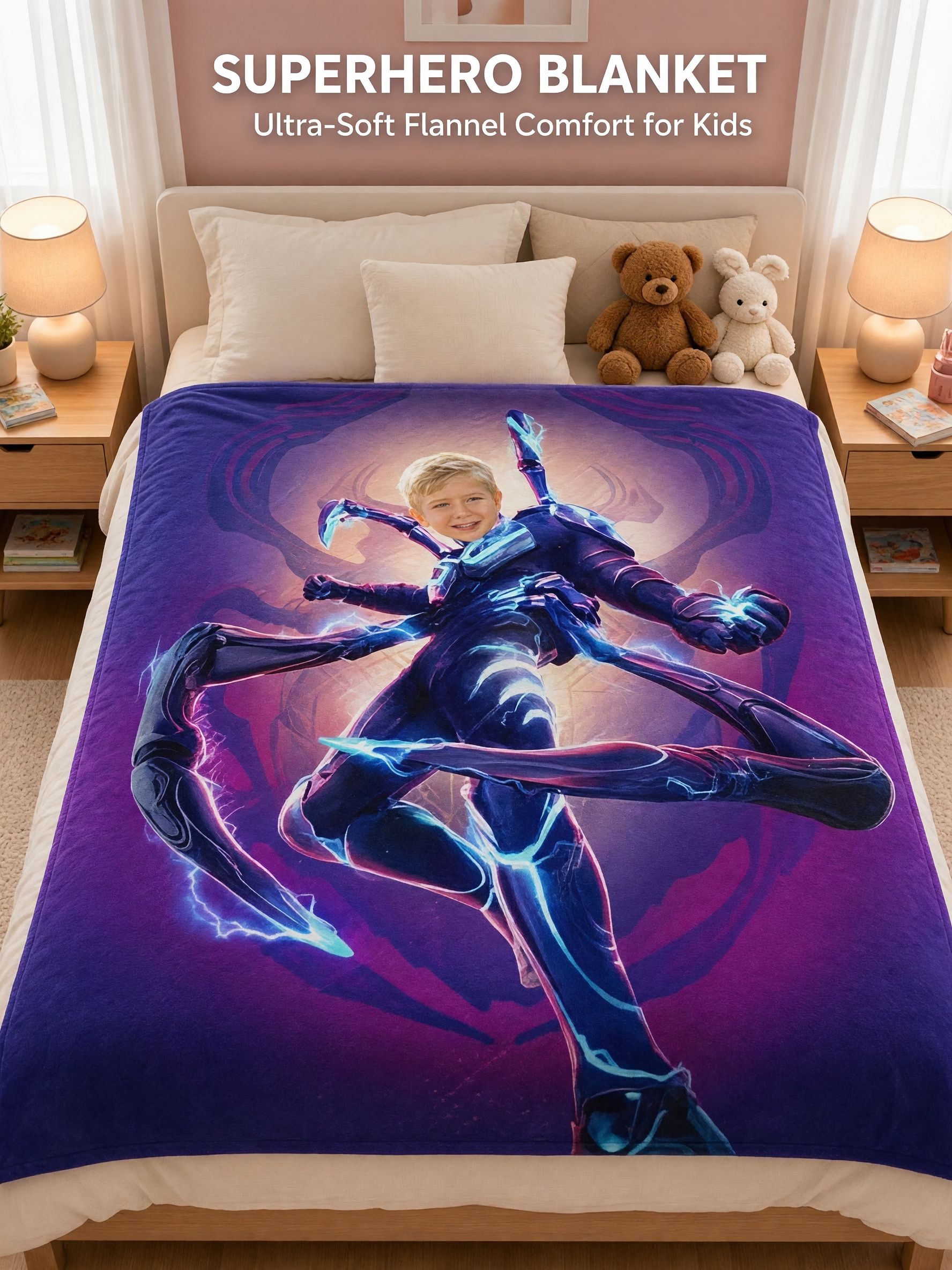 Personalized Custom Face Superhero Flannel Blanket Ultra Soft Cozy Throw for Kids and Adults Unique Photo Gift