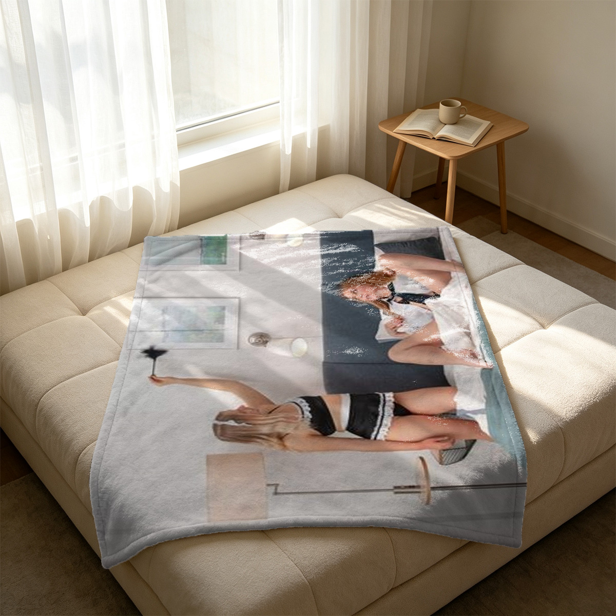 Mirei Kurosaki in purple lace lingerie lying on wooden table by window. - Blanket