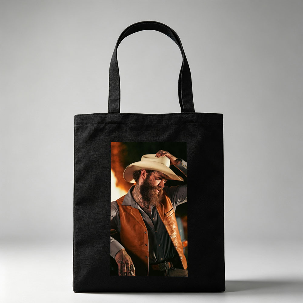 Post Malone in Cowboy Outfit Holding Hat with Fiery Background - Canvas tote bags