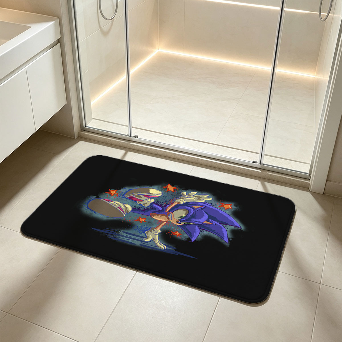 Sonic the Hedgehog in Dynamic Pose with Stars - Flannel floor mat