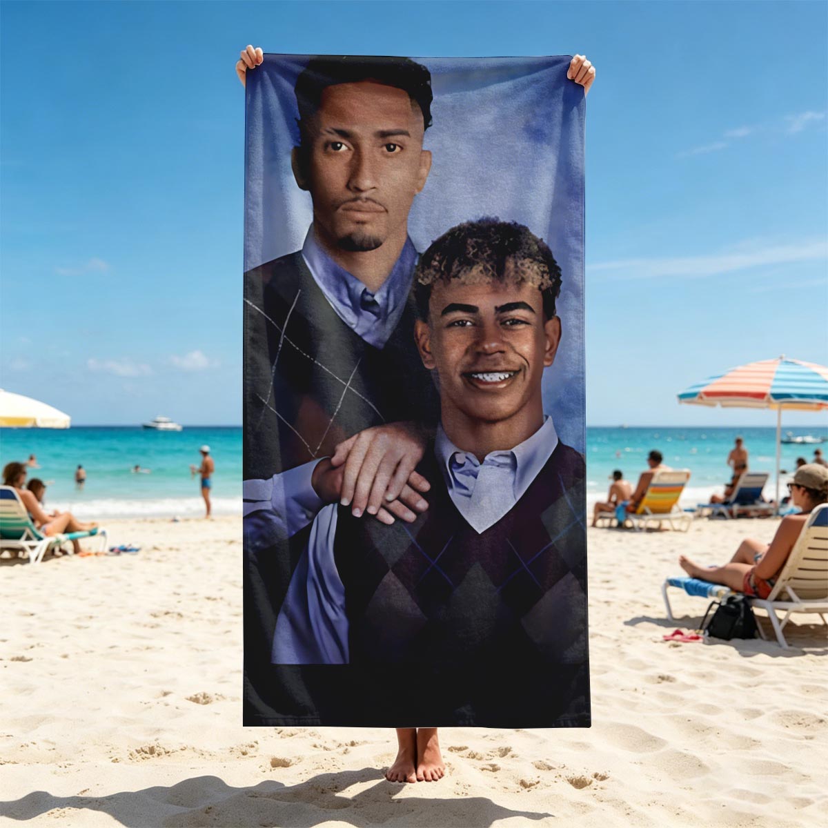 Two Men in Argyle Vests, One Smiling, One Serious, Blue Background - Beach towels