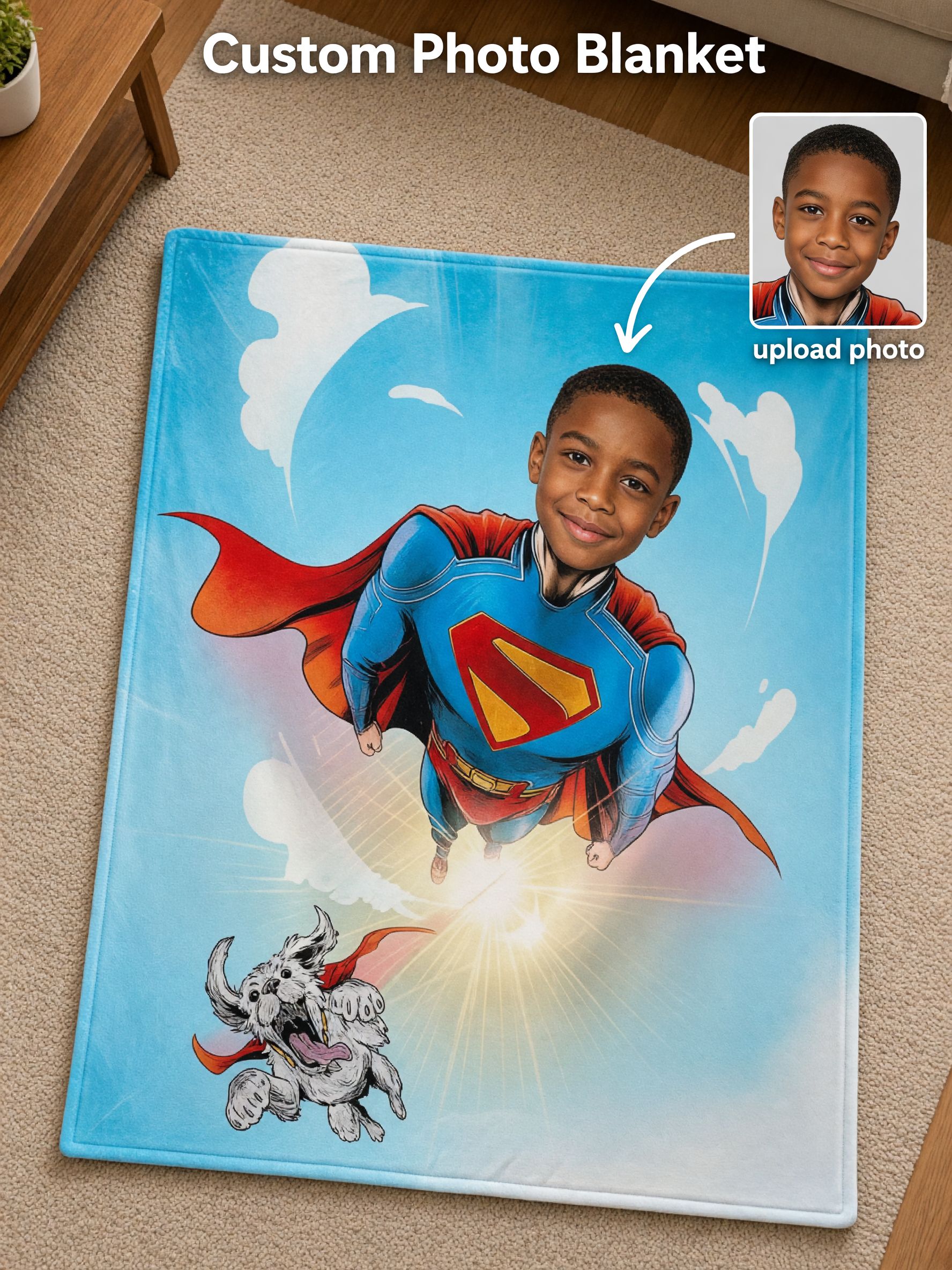 Custom Photo Superhero Flannel Blanket, Personalized Face Hero Fleece Throw, Warm Keepsake Gift for Kids and Family