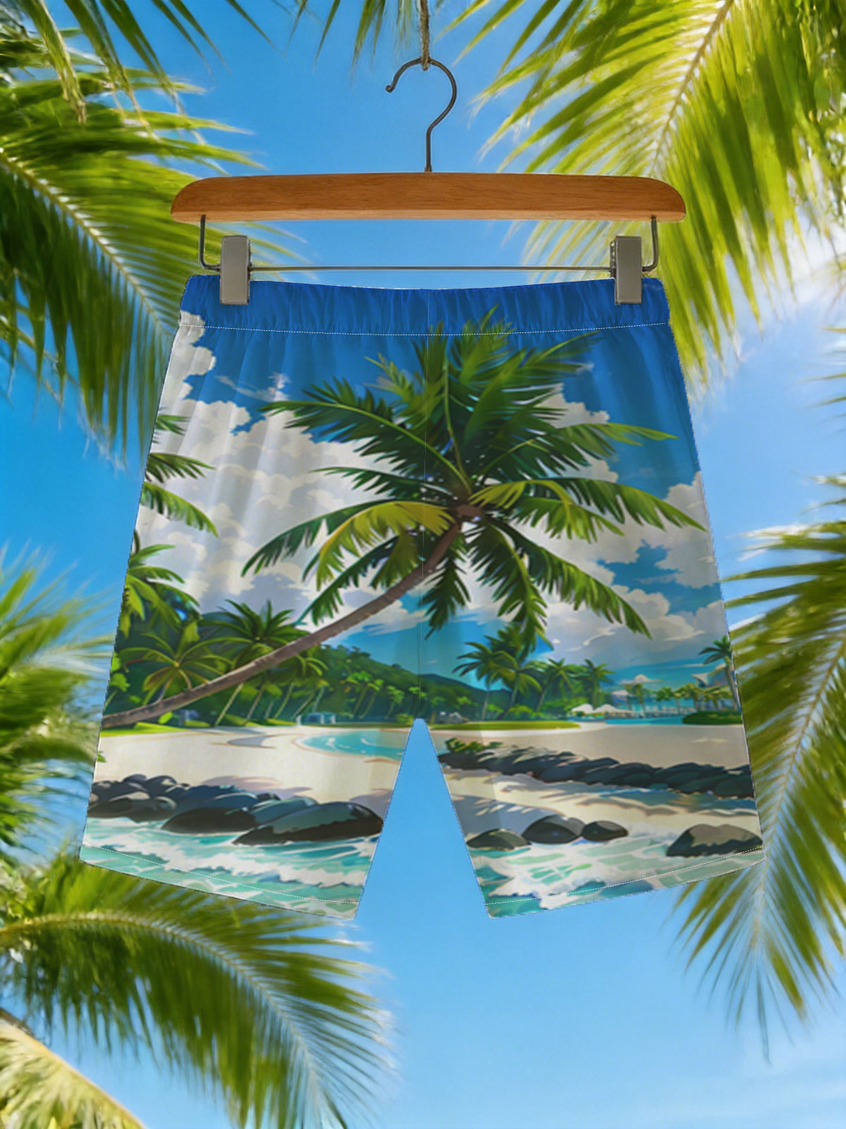 Tropical Beach with Palm Trees and Clear Blue Water -  Beach shorts