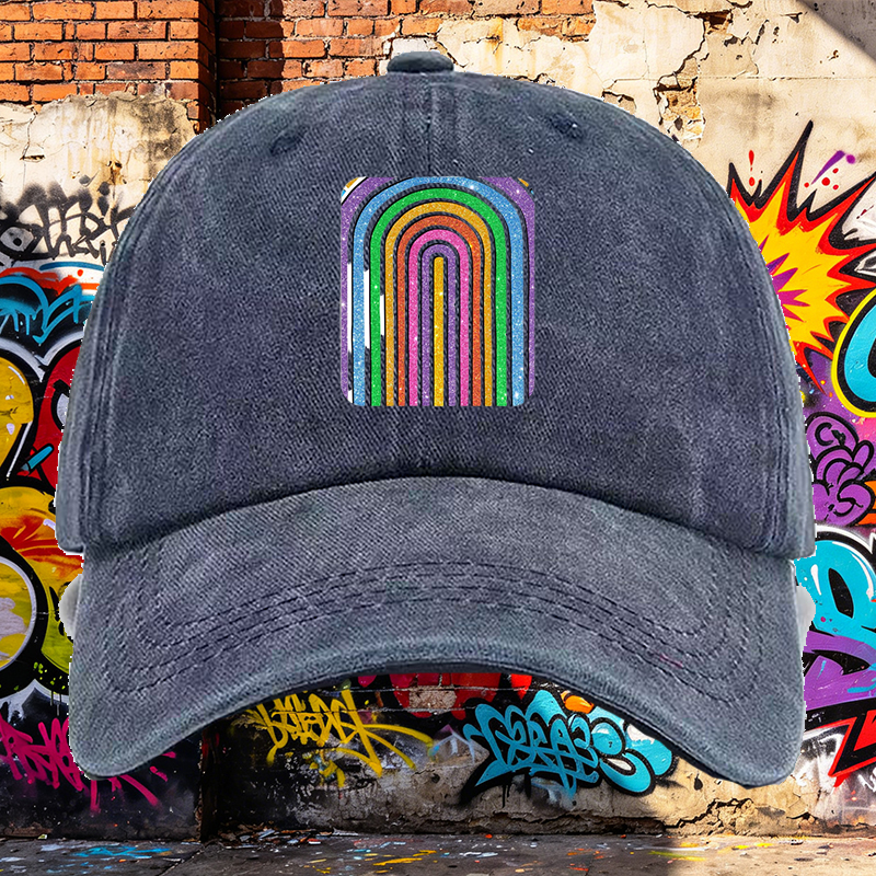 Men's Printed Washed Cap Rainbow Glitter Pattern Casual Round Brim Summer Lightweight Hat for Outdoor Activities and Streetwear Fashion Adults