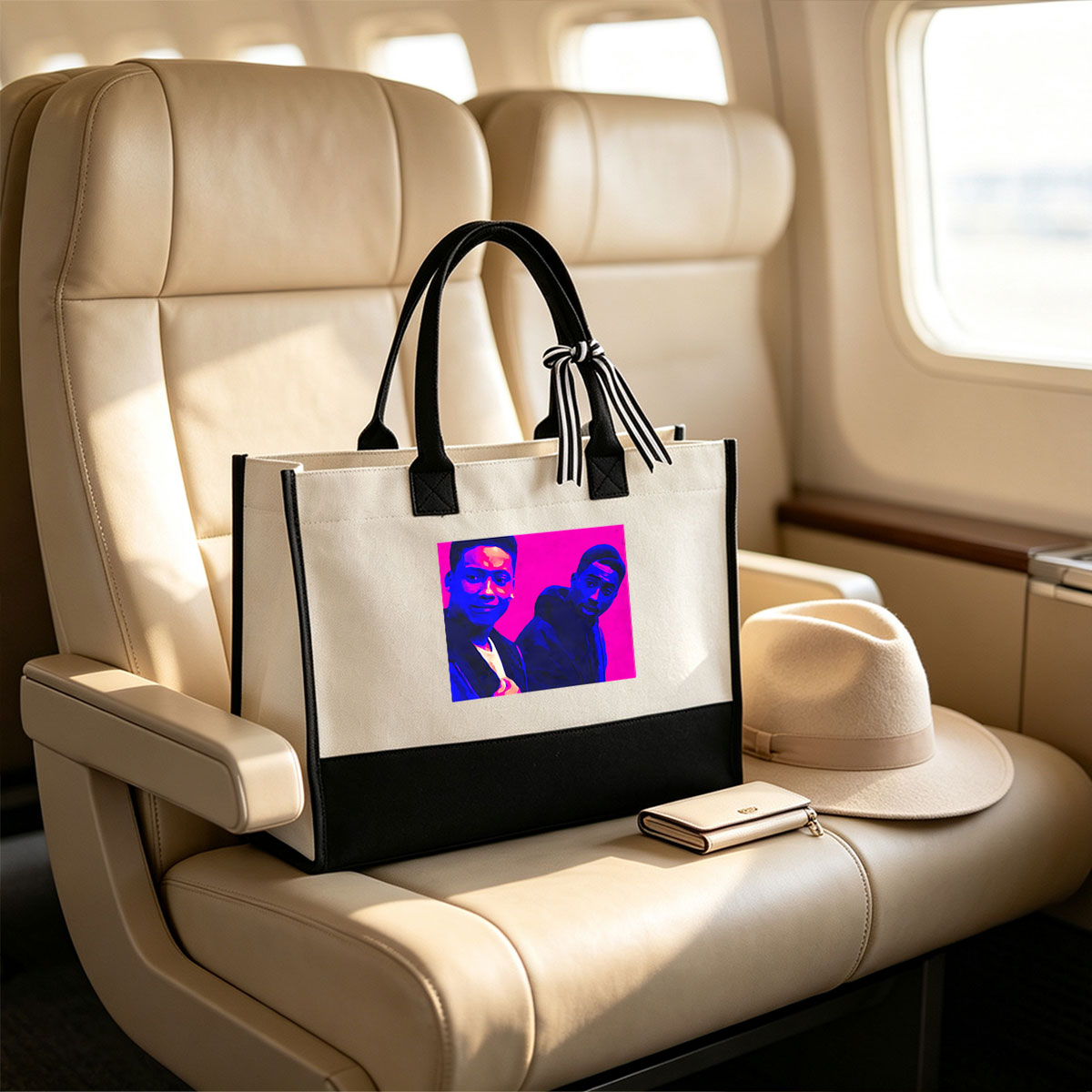 Two Men in Vibrant Colors, Stylish Attire, Pink Background - Canvas patchwork gift tote bag