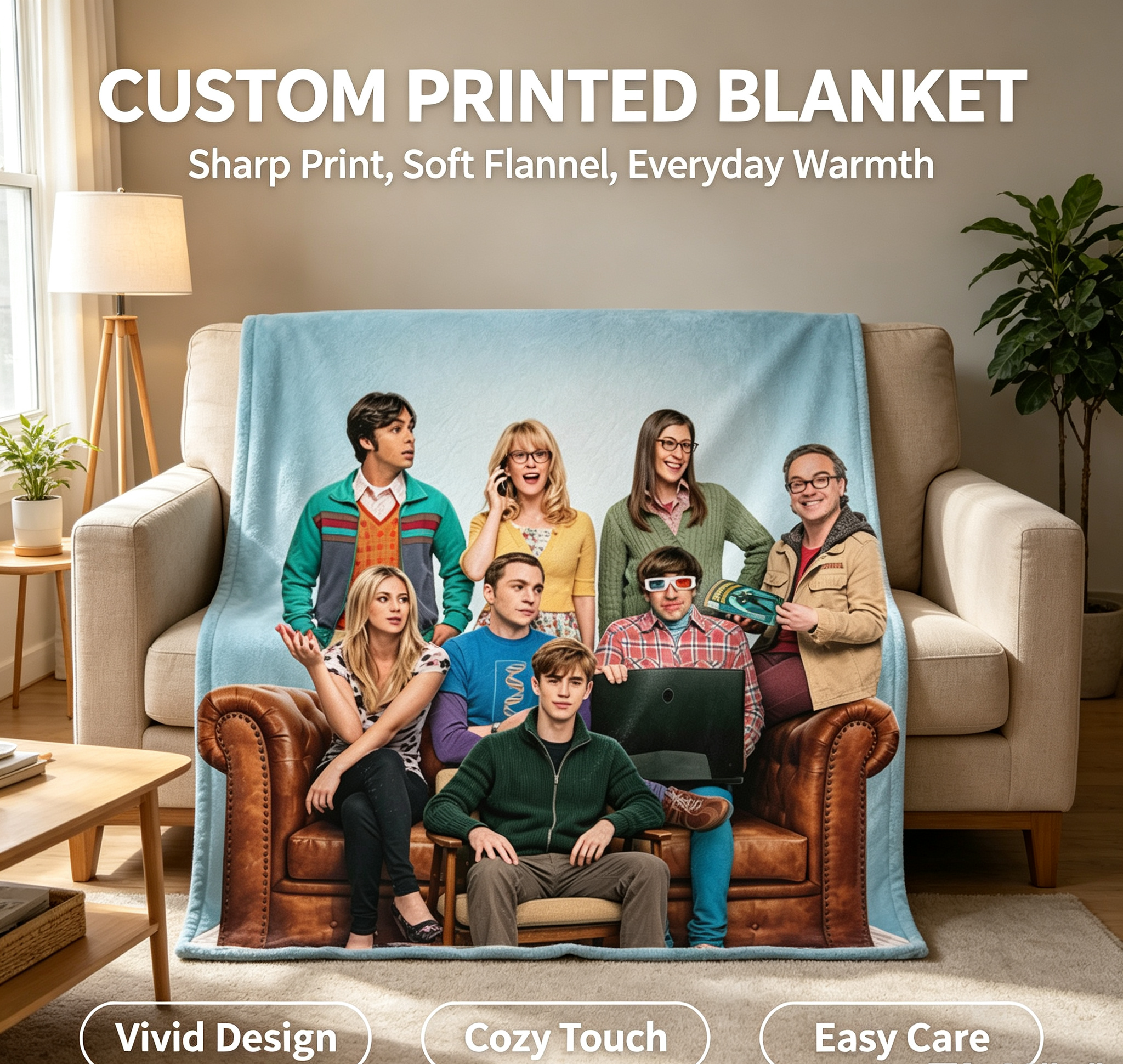 Custom Face Blanket The Big Bang Theory Characters Flannel Blanket Cozy Living Room Gift for Fans and TV Show Lovers