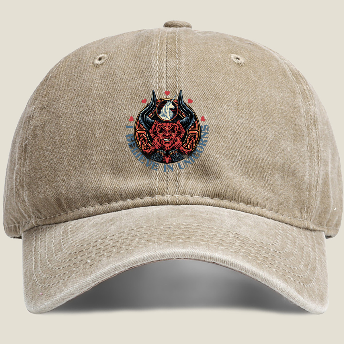 I Believe in Unicorns - Devil and Unicorn Design - Washed Denim - Baseball Cap