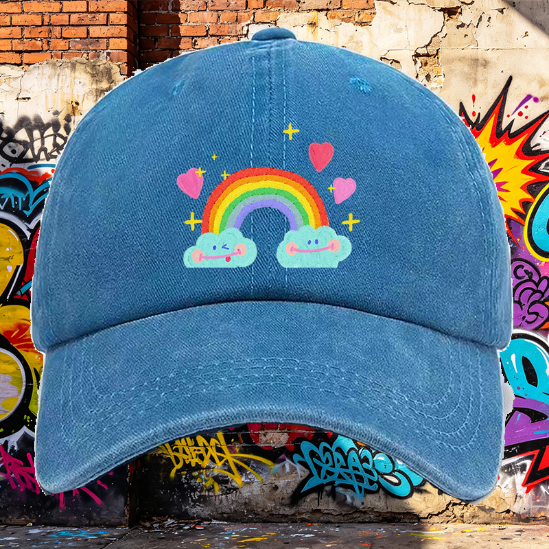 Men's Printed Washed Cap with Rainbow Clouds and Hearts Design - Casual Round Brim Summer Lightweight Hat for Outdoor Activities, Travel, and Daily Wear - Ideal for Young Adults and Trendy Urban Style Lovers