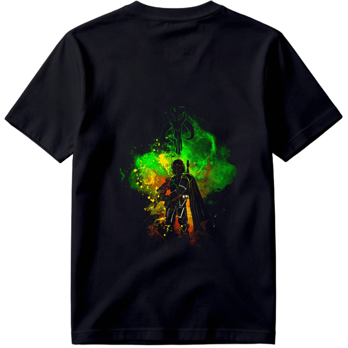 Mandalorian Warrior with Boba Fett Helmet and Green Energy Background - Tee