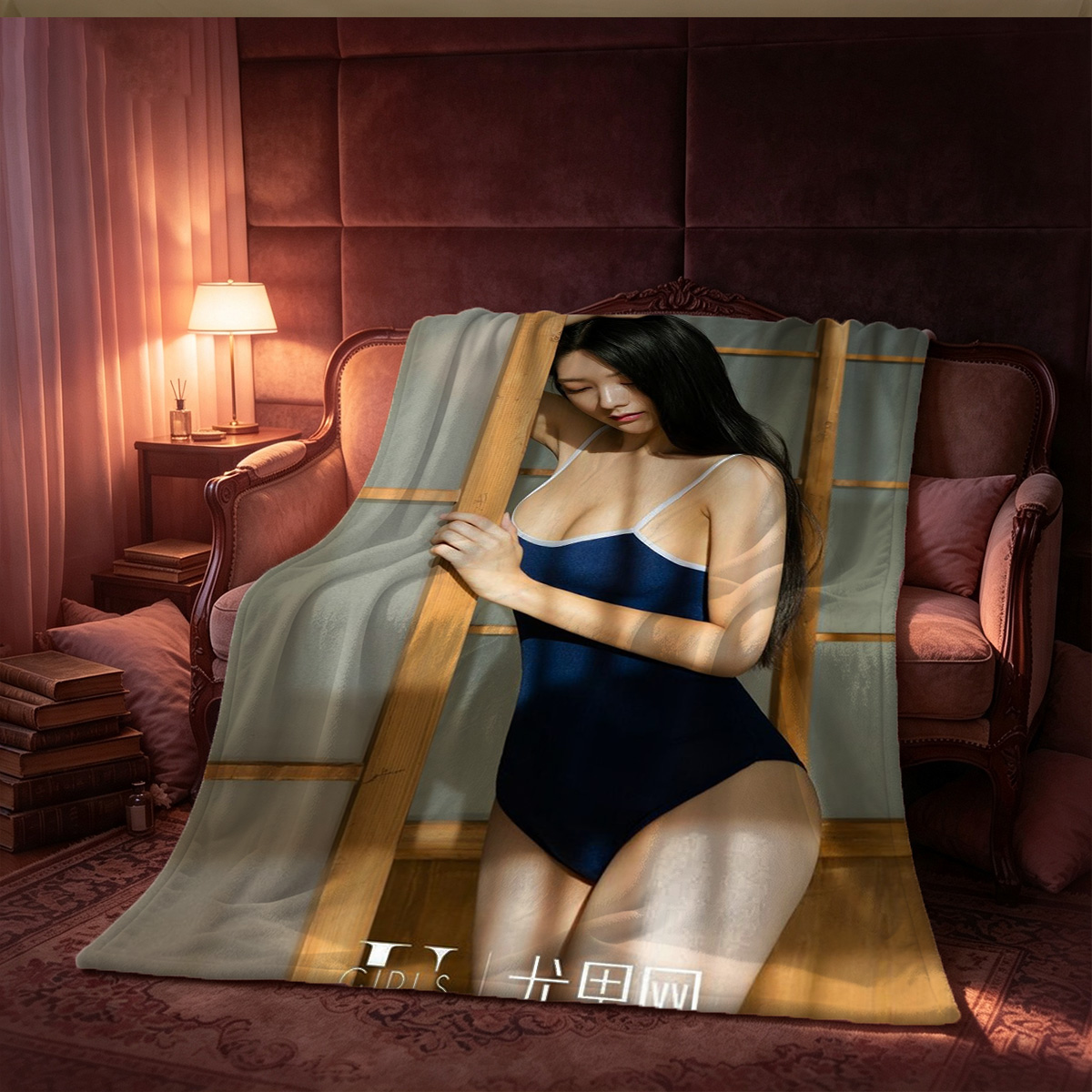 Scarlett Johansson in white lingerie relaxing in a blue armchair - Blanket