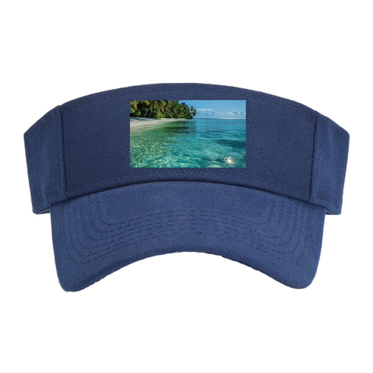 Crystal-clear turquoise waters meet a pristine white sand beach lined with lush palm trees under a bright blue sky. -  Visor cap