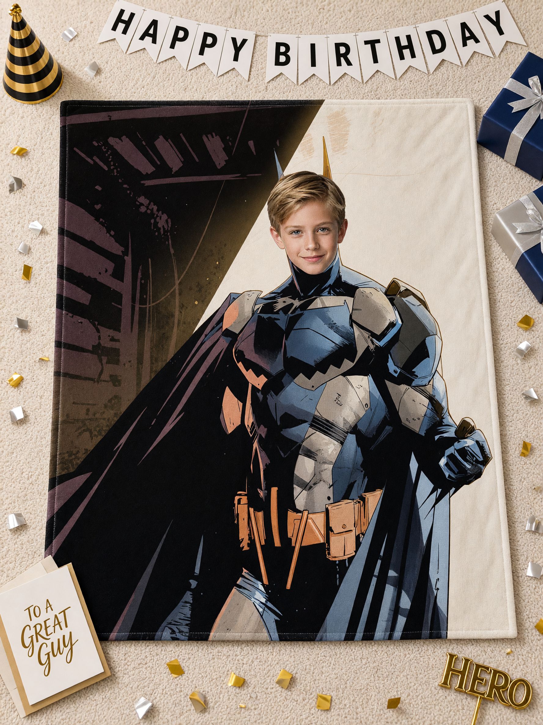 Custom Face Superhero Flannel Blanket, Personalized Photo Plush Throw, Warm Comic Fleece Gift for Kids