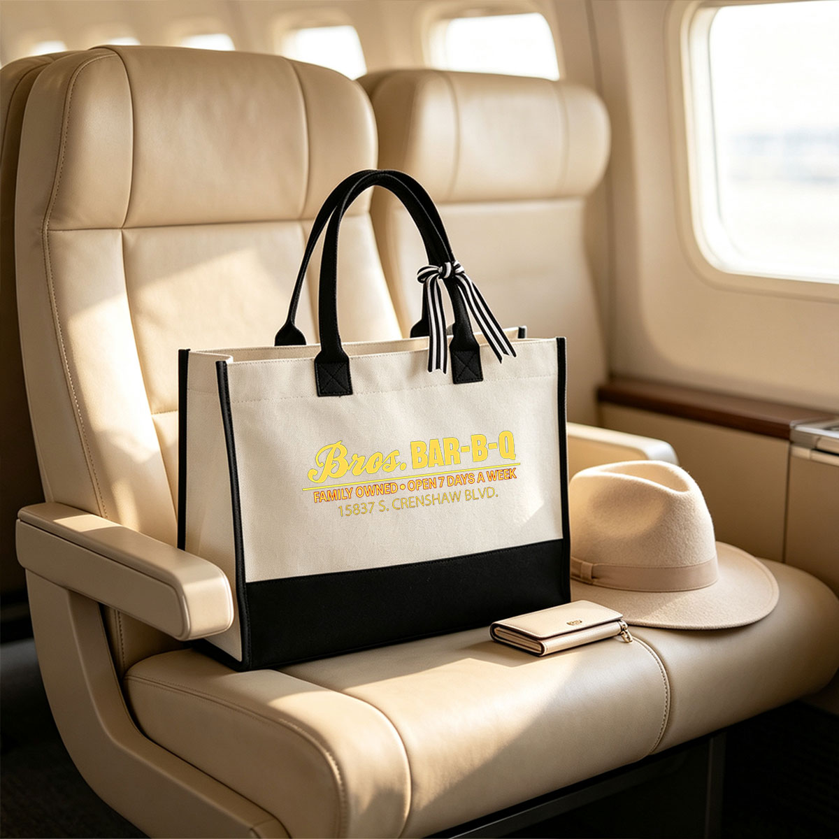 Bros. BAR-B-Q: Family Owned BBQ Restaurant at 15837 S. Crenshaw Blvd, Open 7 Days a Week - Canvas patchwork gift tote bag