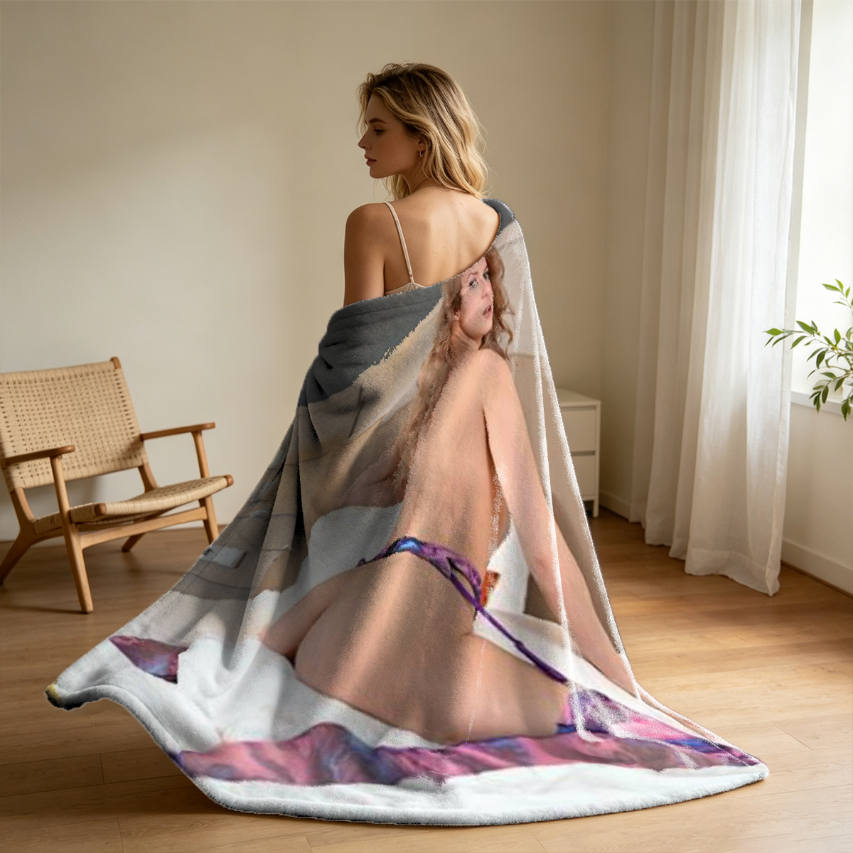 Two Japanese models in purple and mint lingerie sitting on tatami mat - Blanket