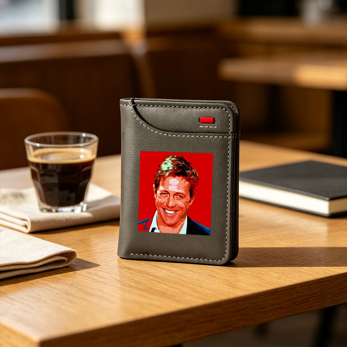 Hugh Grant in a vibrant, stylized portrait with bold red background and pop art effect. - Vertical Style Wallet