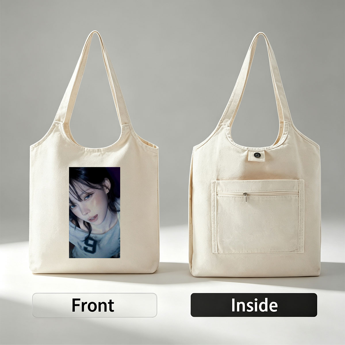 Kim Ji-min in a Close-Up Portrait Wearing a Gray T-Shirt with Number 9 - Canvas shoulder bags/