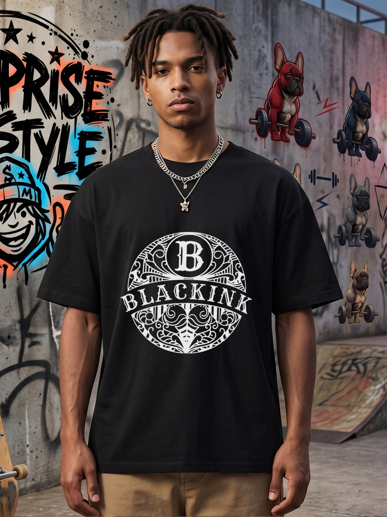 Men's Printed T-Shirt with Black Ink Ornamental Logo Design, Casual Round Neck Summer Lightweight Breathable Short Sleeve T-Shirt for Daily Wear, Outdoor Activities, and Street Style, Ideal for Young Adults and Fashion Enthusiasts