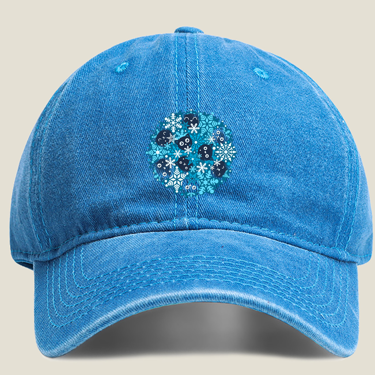 Black Cats and Snowflakes Winter Pattern - Washed Denim - Baseball Cap