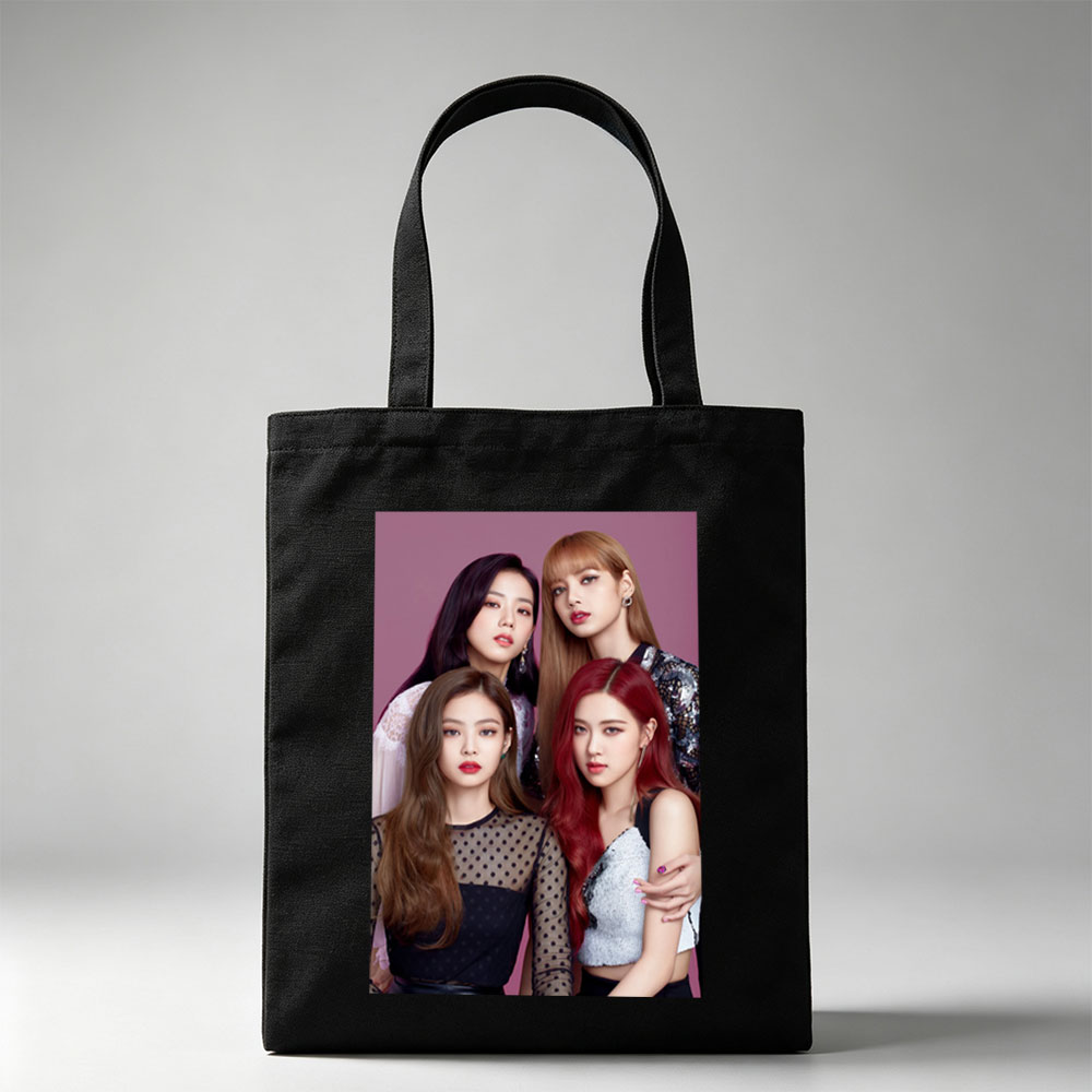 BLACKPINK Group Portrait - Four Members in Stylish Outfits Against Purple Background - Canvas tote bags