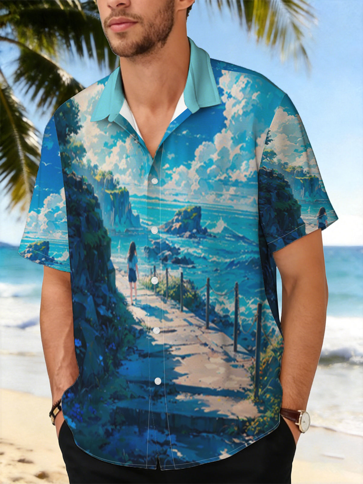 Girl walking on coastal path overlooking turquoise sea and rocky cliffs under bright blue sky -  Shirt