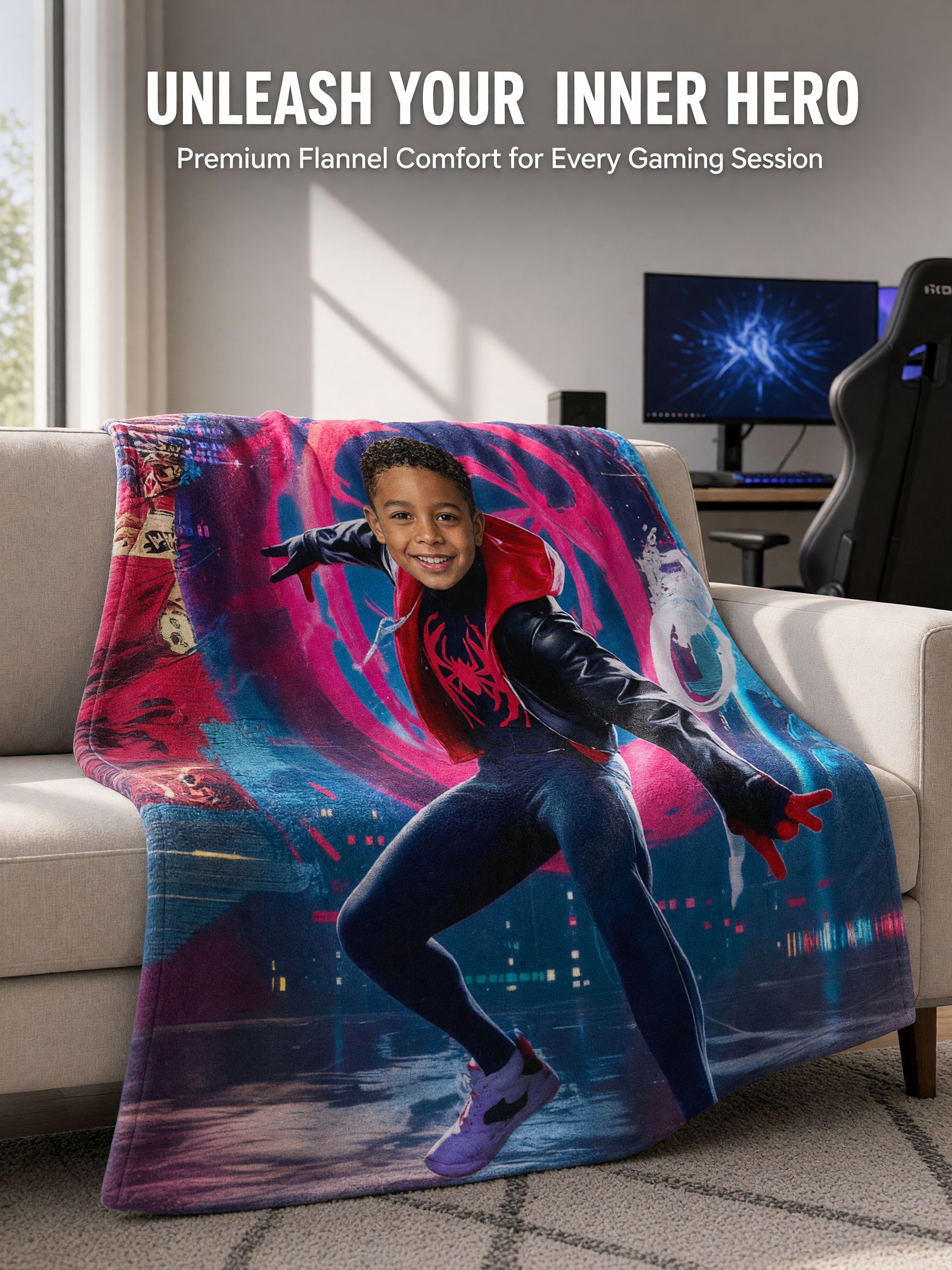 Custom Face Superhero Flannel Blanket, Ultra Soft Anti-Pilling Cozy Throw, Ideal Personalized Gift for Kids and Teens