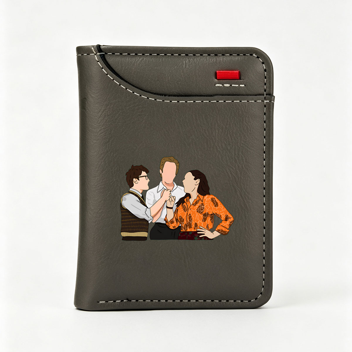 Three Characters in a Tense Interaction: Man in Vest, Central Figure, and Woman in Orange Shirt - Vertical Style Wallet