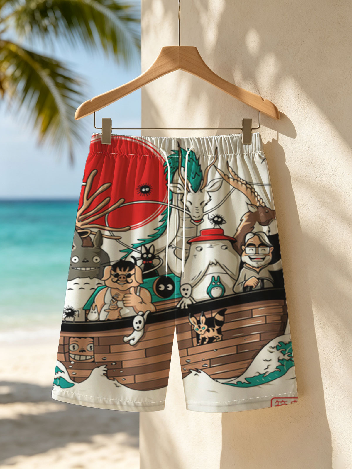 Studio Ghibli Characters Sail in a Wooden Boat with Mythical Creatures and Icons -  Beach shorts
