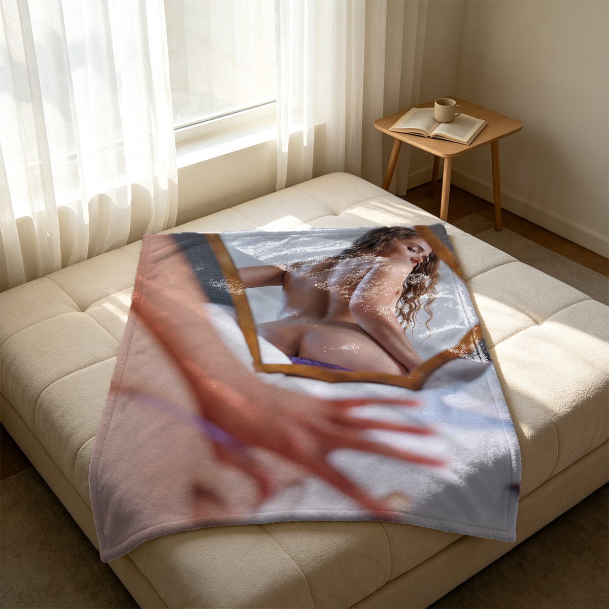 Nude Asian beauty in jeweled thong posing seductively in bedroom - Blanket