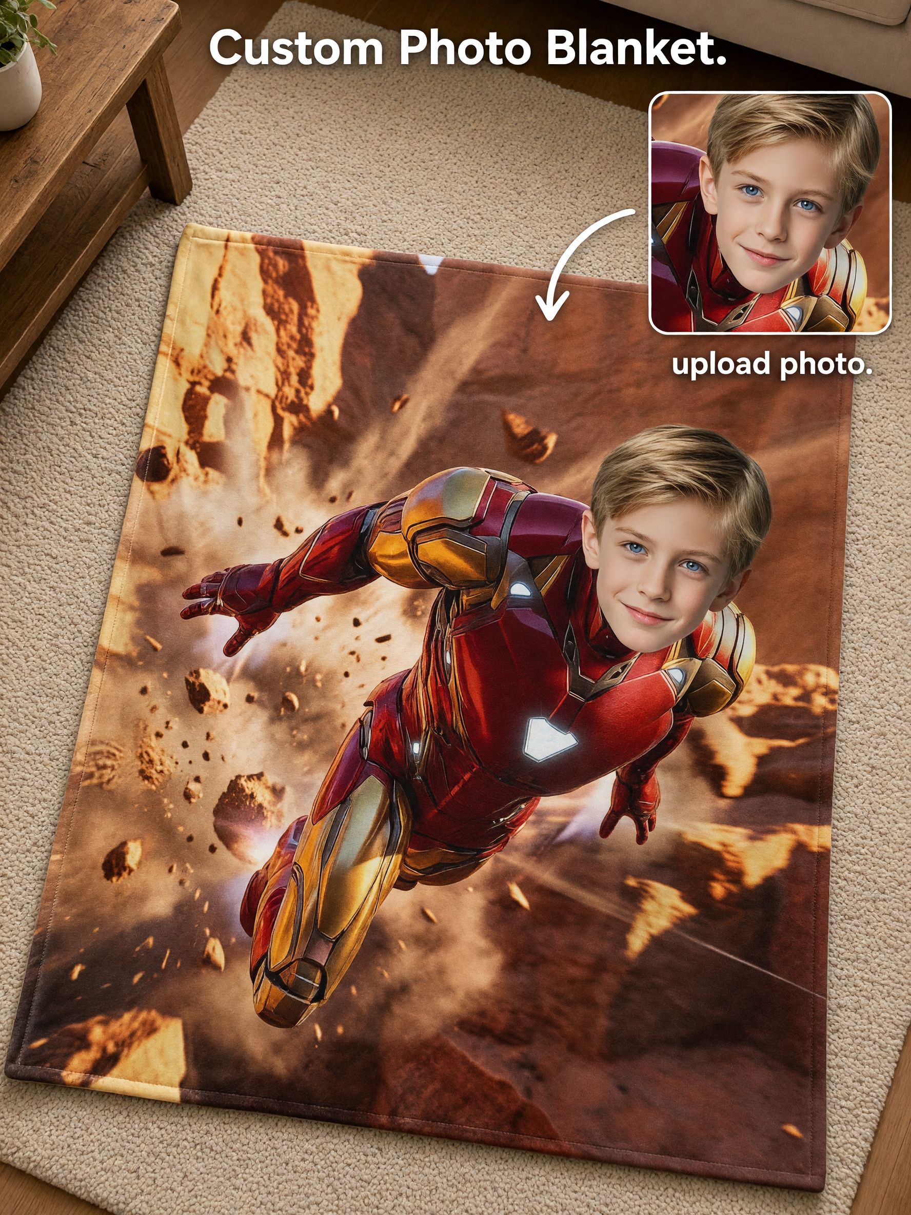 Custom Face Photo Blanket, Personalized Superhero Flannel Fleece Throw, Cozy Plush Gift for Bed and Sofa