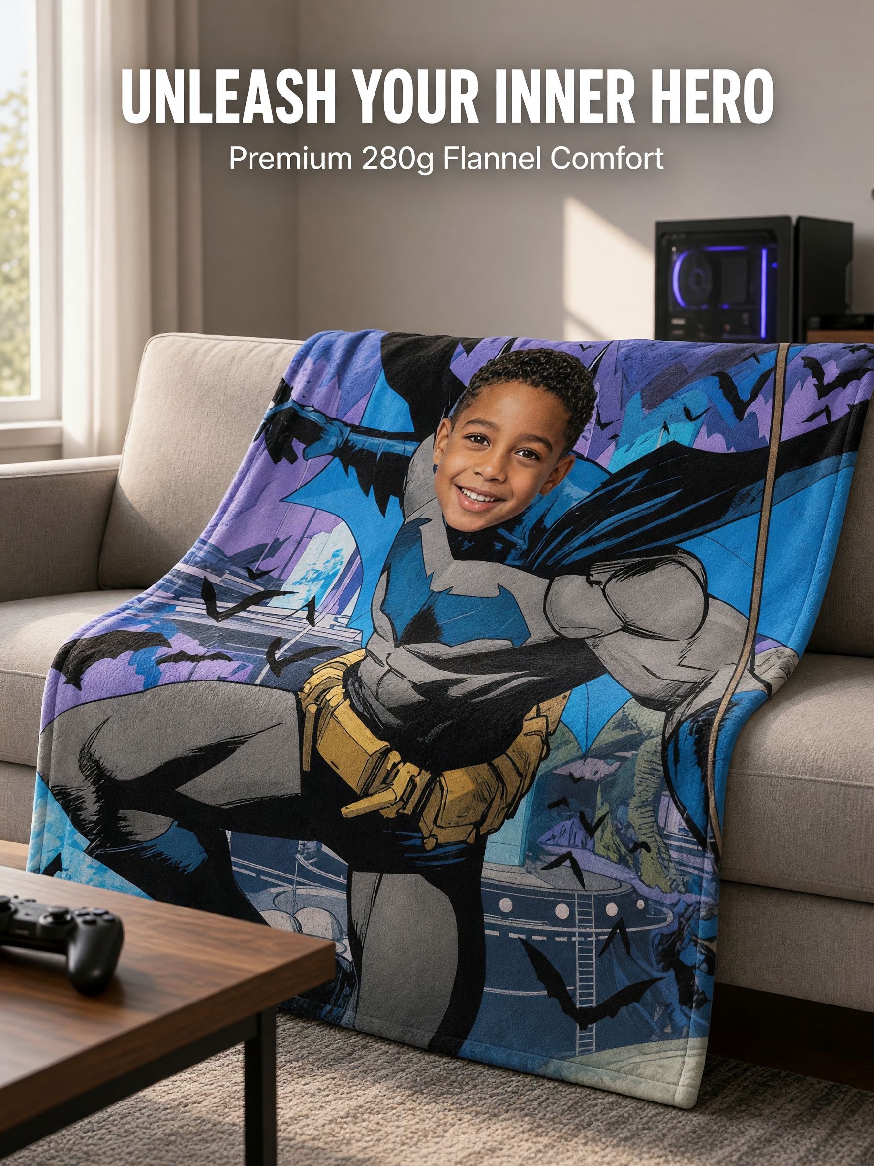 Custom Superhero Face Blanket, Personalized Photo Plush Flannel Throw for Kids, Cozy Bed Couch Travel Gift