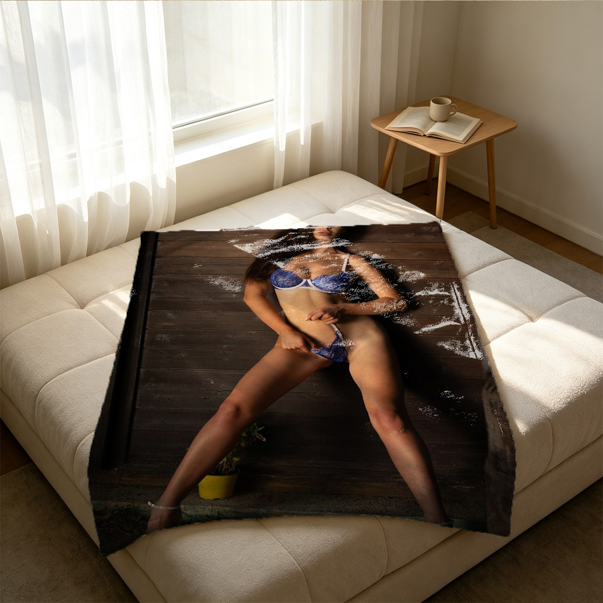 Nude woman smiling on bed in bedroom - Blanket