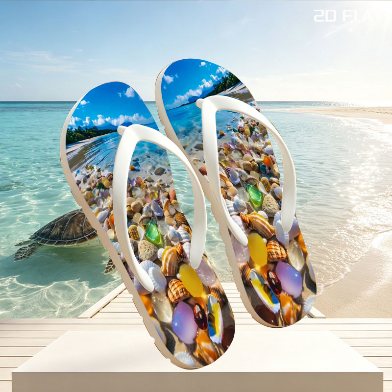 Colorful seashells on a tropical beach with clear blue water and sky. -  flip-flops
