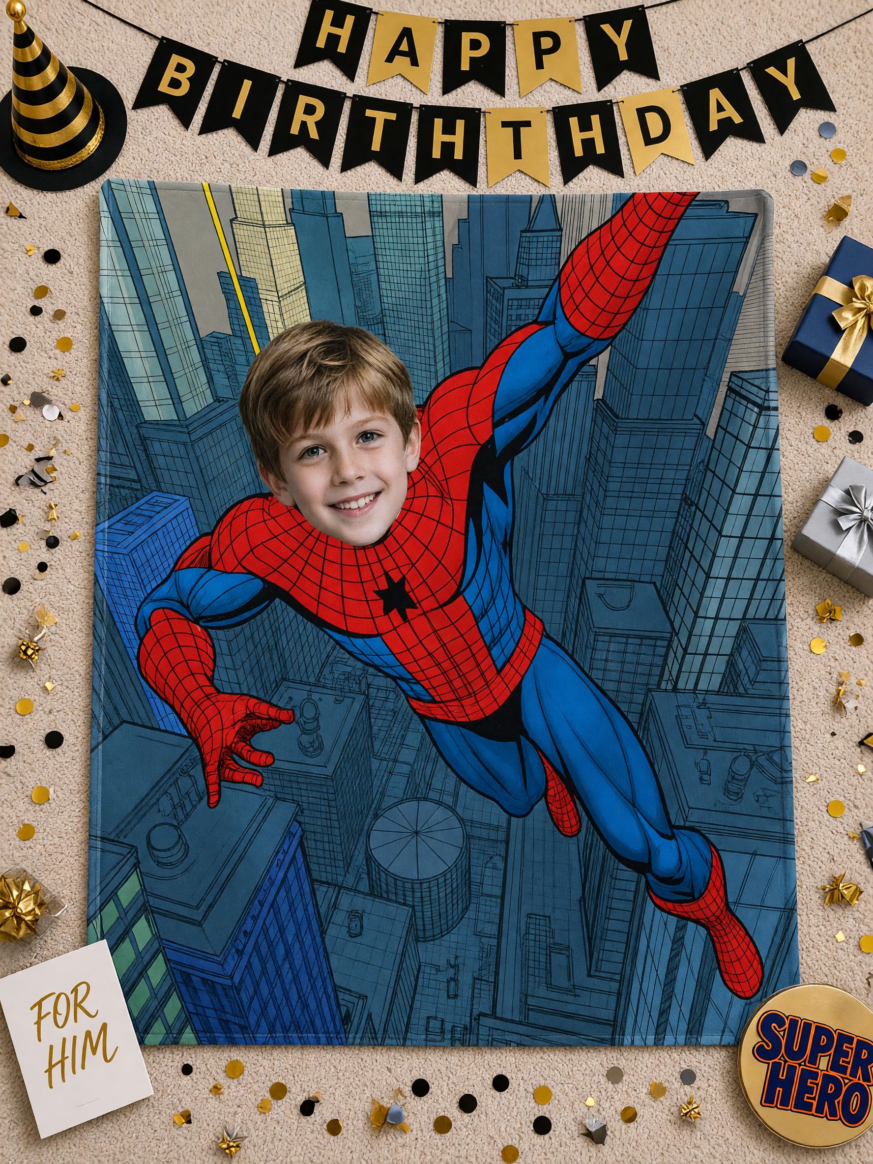 Custom Face Superhero Flannel Blanket Ultra Soft Fleece Throw with Comic Cityscape, Ideal Personalized Gift for Kids