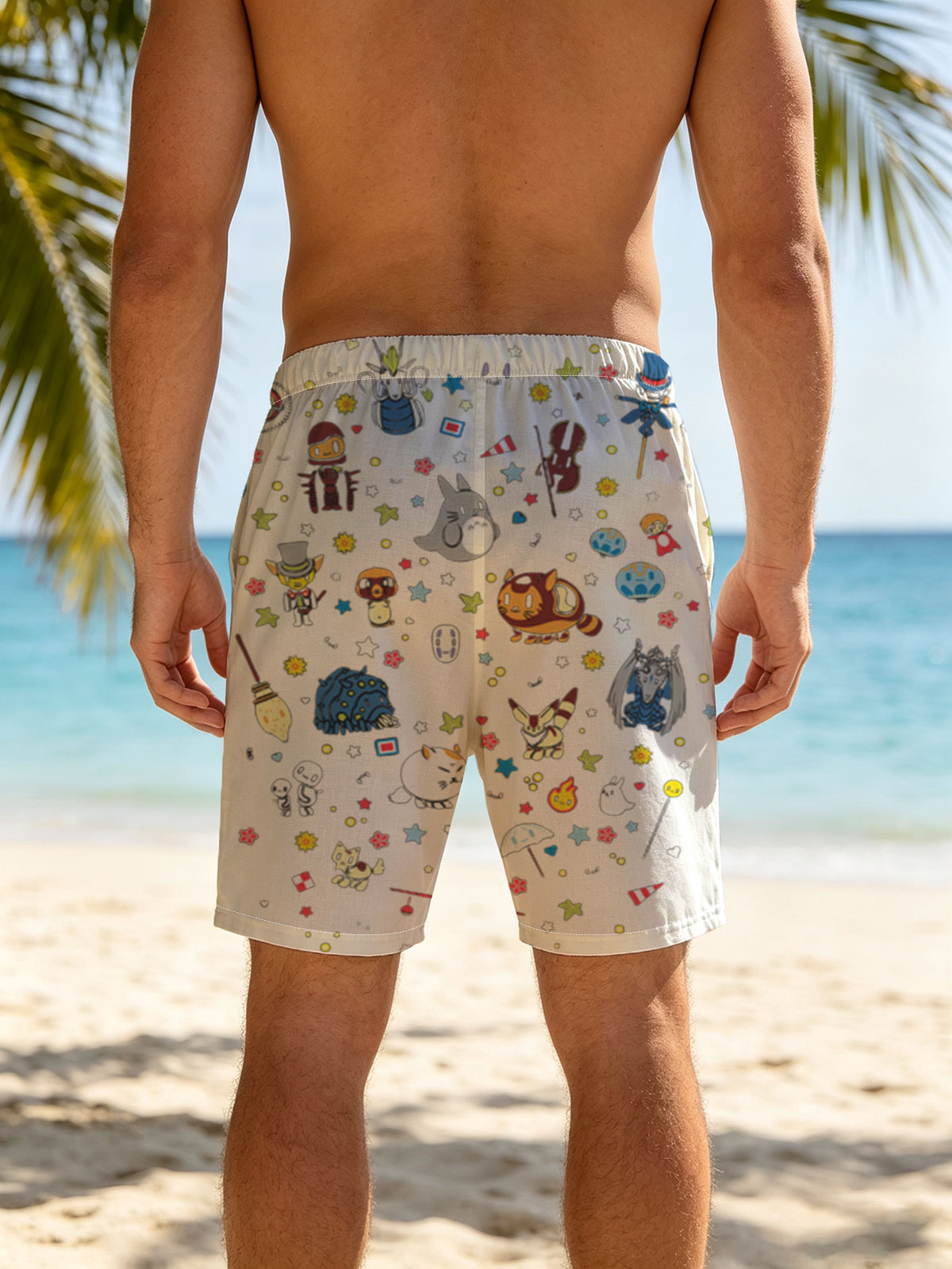 Totoro, Pikachu, and Studio Ghibli Characters in a Starry Night Parade -  Beach shorts