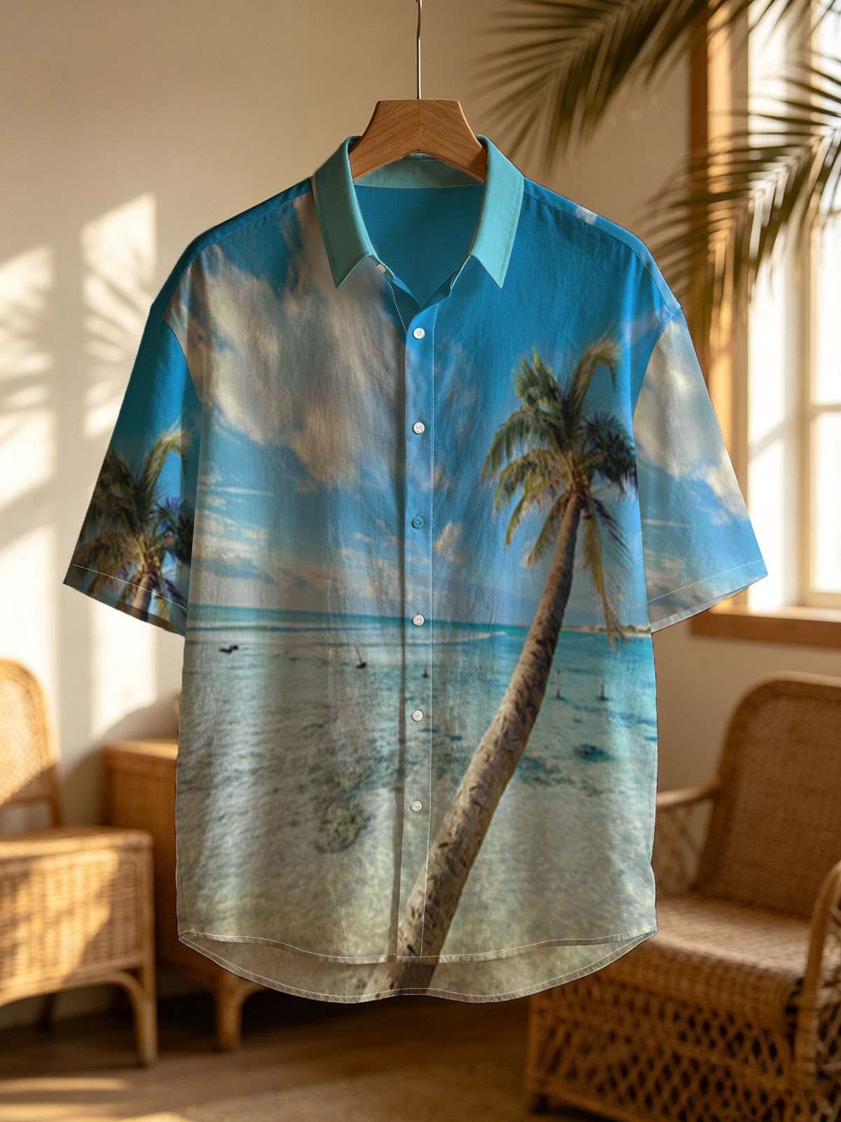 Tropical beach with palm tree leaning over clear blue water under a bright sky. -  Shirt