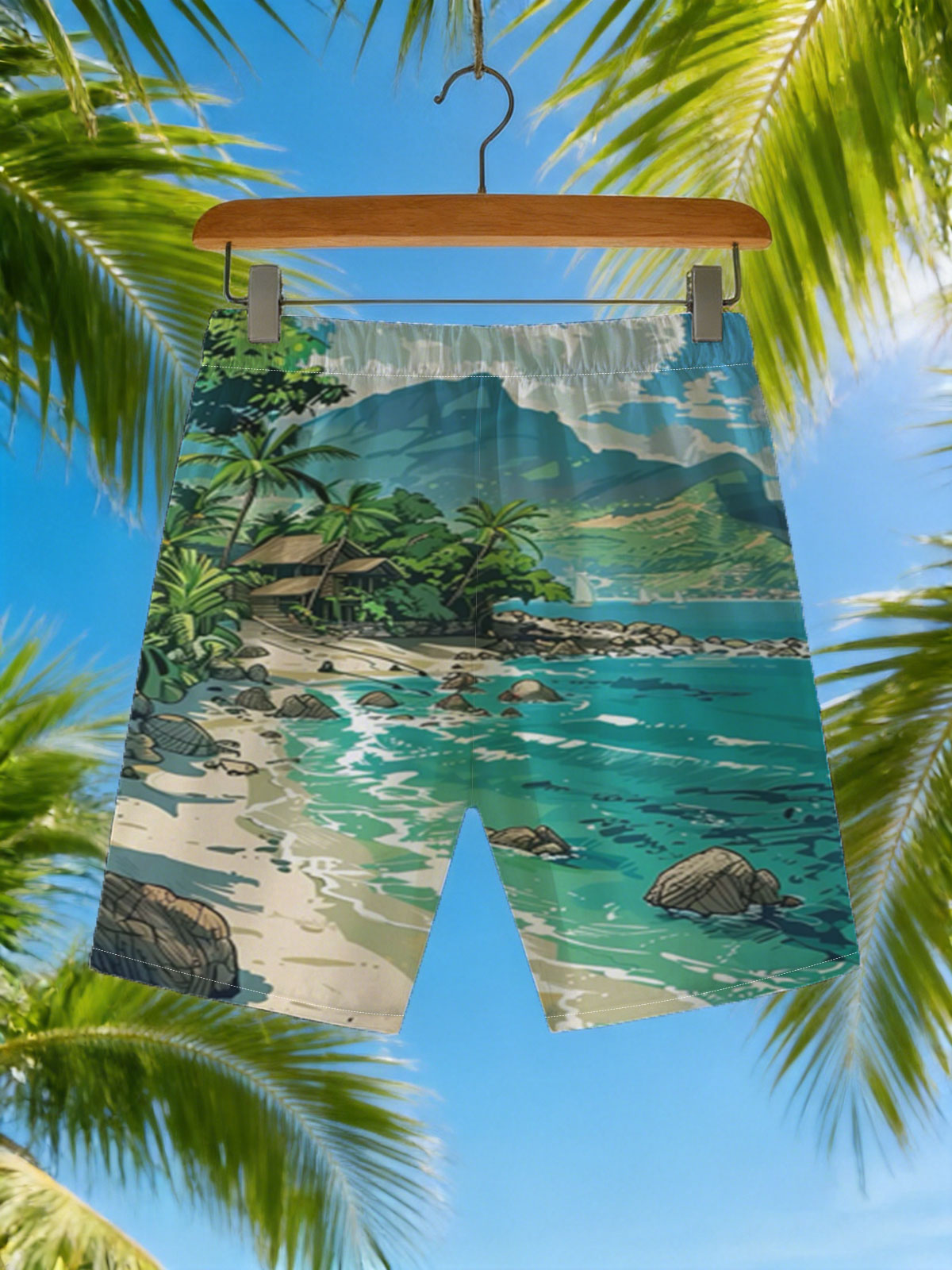 Tropical Beach with Lush Palm Trees and Crystal Clear Waters -  Beach shorts