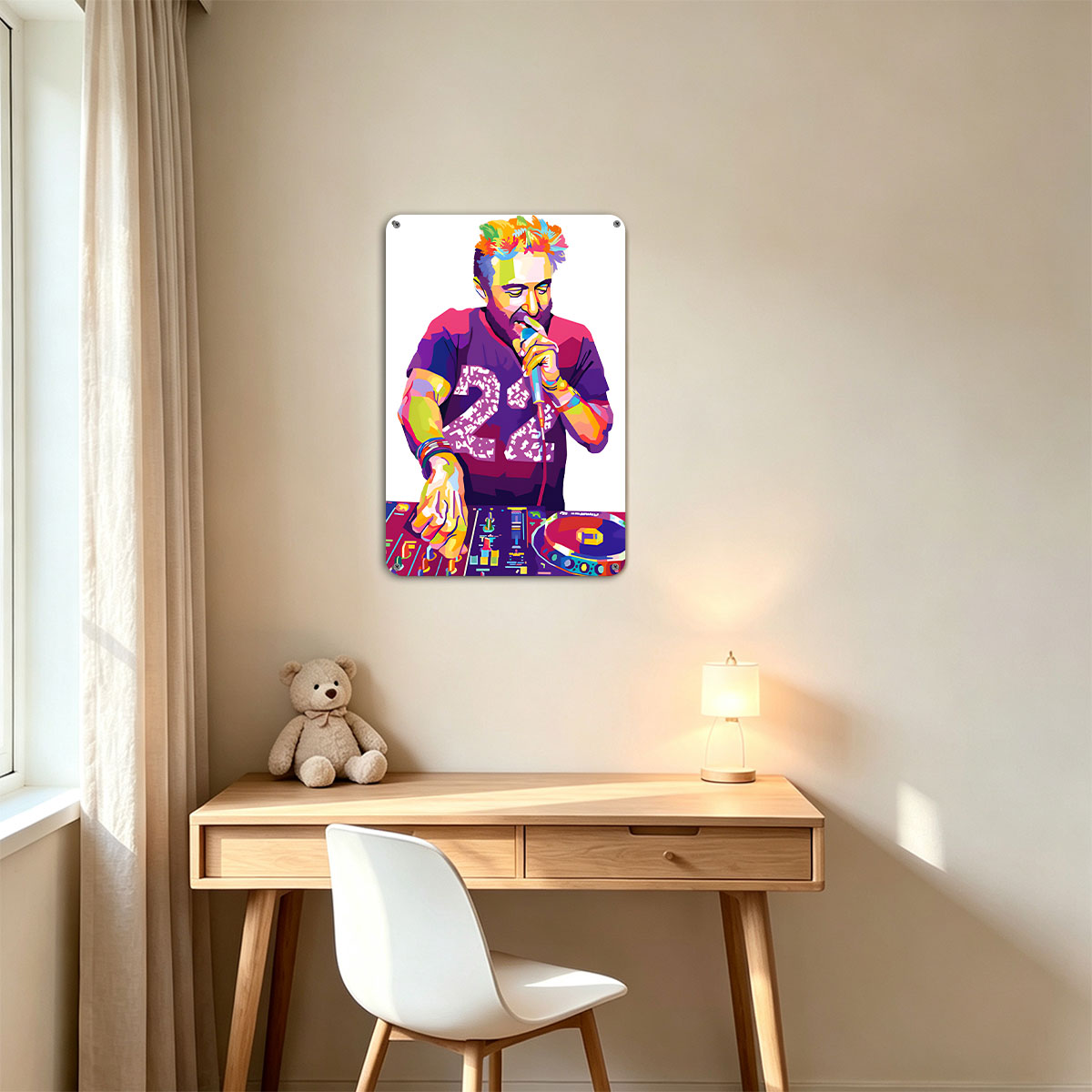 DJ with Colorful Hair and Microphone at Turntable - painting