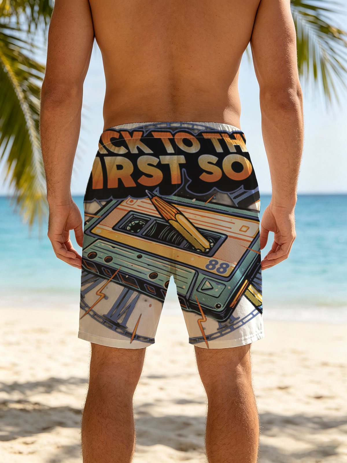Back to the First Song: Cassette Tape with Pen and Clock Design -  Beach shorts