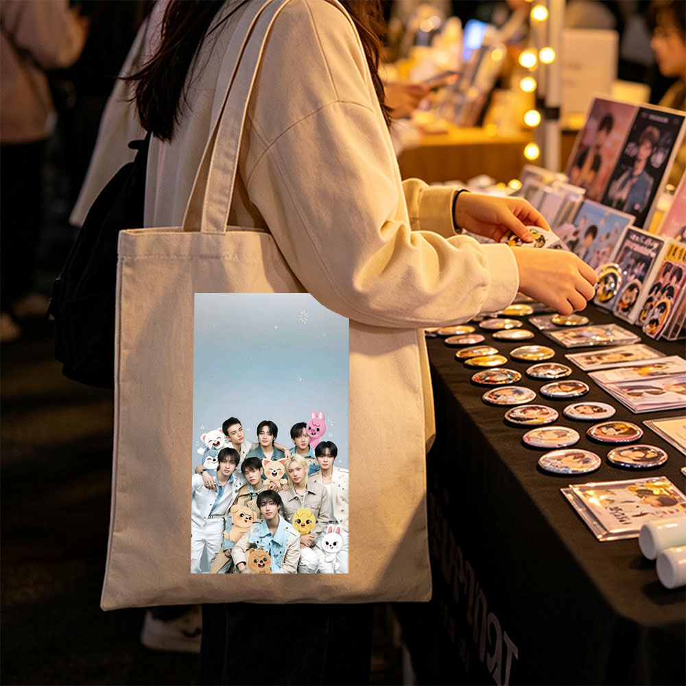 Stray Kids Group Photo with Cute Animal Plushies in a Starry Sky Background - Canvas tote bags