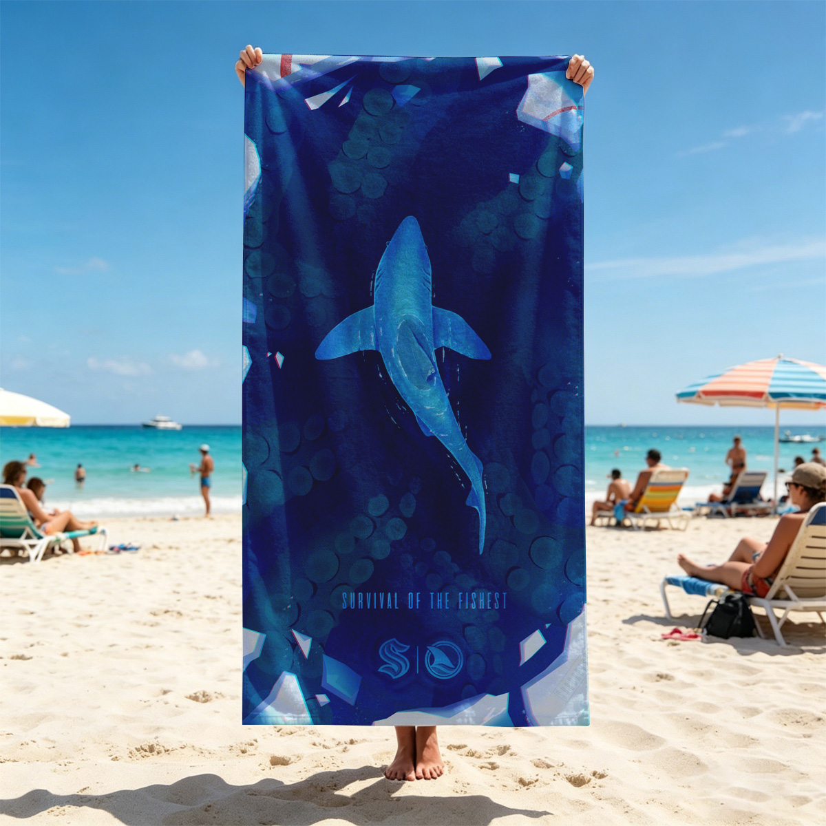 Shark swims through icy coral reef in deep blue ocean - Beach towels