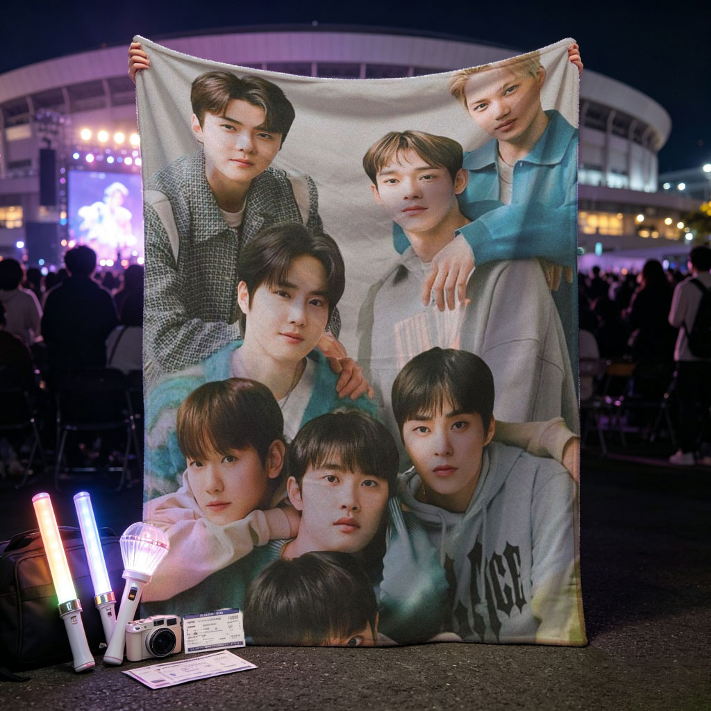EXO Group Photo - Members Posing Together in Casual Outfits on a Neutral Background - Blankets