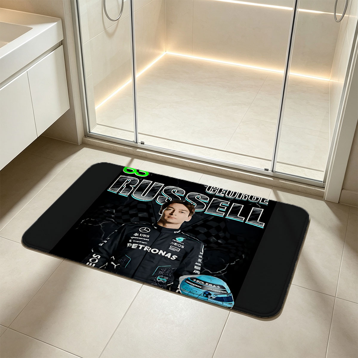 George Russell, Mercedes-AMG Petronas F1 Driver, Number 63, with Helmet and Racing Suit - Flannel floor mat