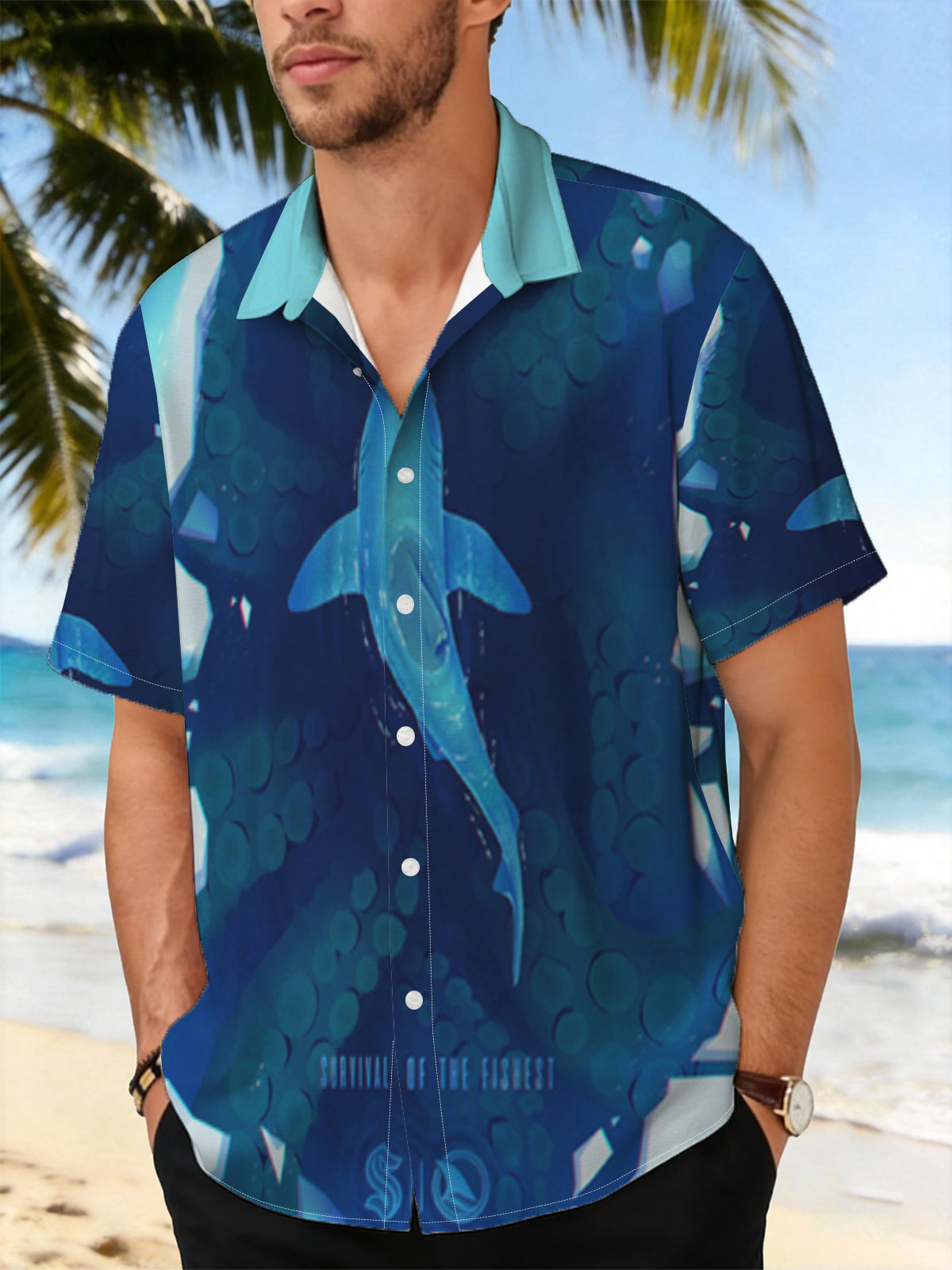 Shark swims through icy coral reef in deep blue ocean -  Shirt