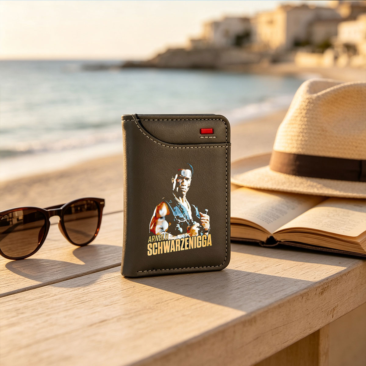 Arnold Schwarzenegger in Action Pose with Bottle and Chain Necklace - Vertical Style Wallet