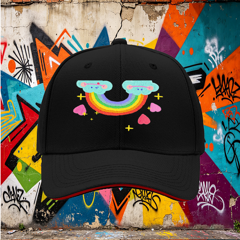 Unisex Classic Sandwich Hat with Rainbow Clouds and Hearts Print - Perfect for Casual Outings, Festivals, and Everyday Wear - Ideal for Teens and Young Adults Seeking Fun, Colorful Accessories