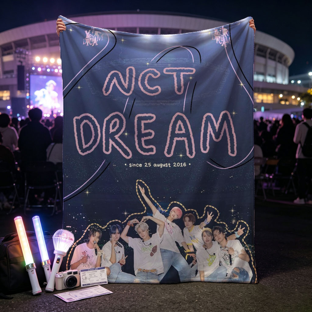 NCT DREAM on Stage Performance in Vibrant Group Photo with Cosmic Background - Blankets