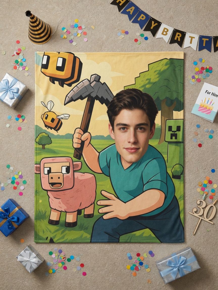 Custom Face Photo Flannel Blanket Personalized Gamer Adventure Print Ultra Soft Anti Pilling Fleece Throw for Bed Sofa